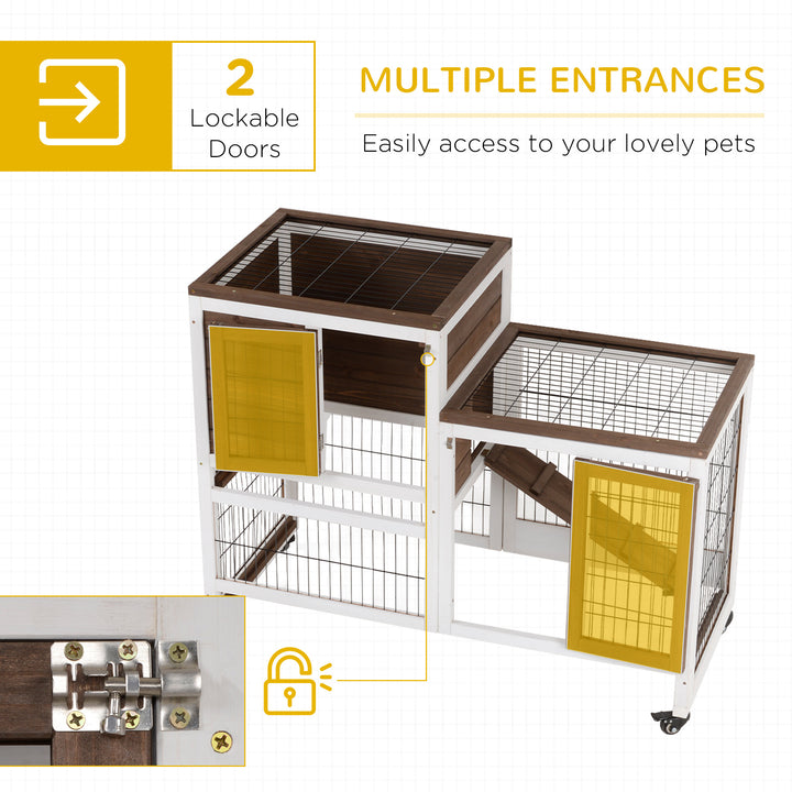 Wooden Indoor Rabbit Hutch Guinea Pig House Bunny Small Animal Cage W/ Wheels Enclosed Run 110 x 50 x 86 cm