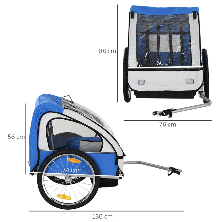 2 Seat Bike Trailer Bicycle wagon for Kids Child Steel Frame Safety Harness Seat Carrier Blue White 130 x 76 x 88 cm