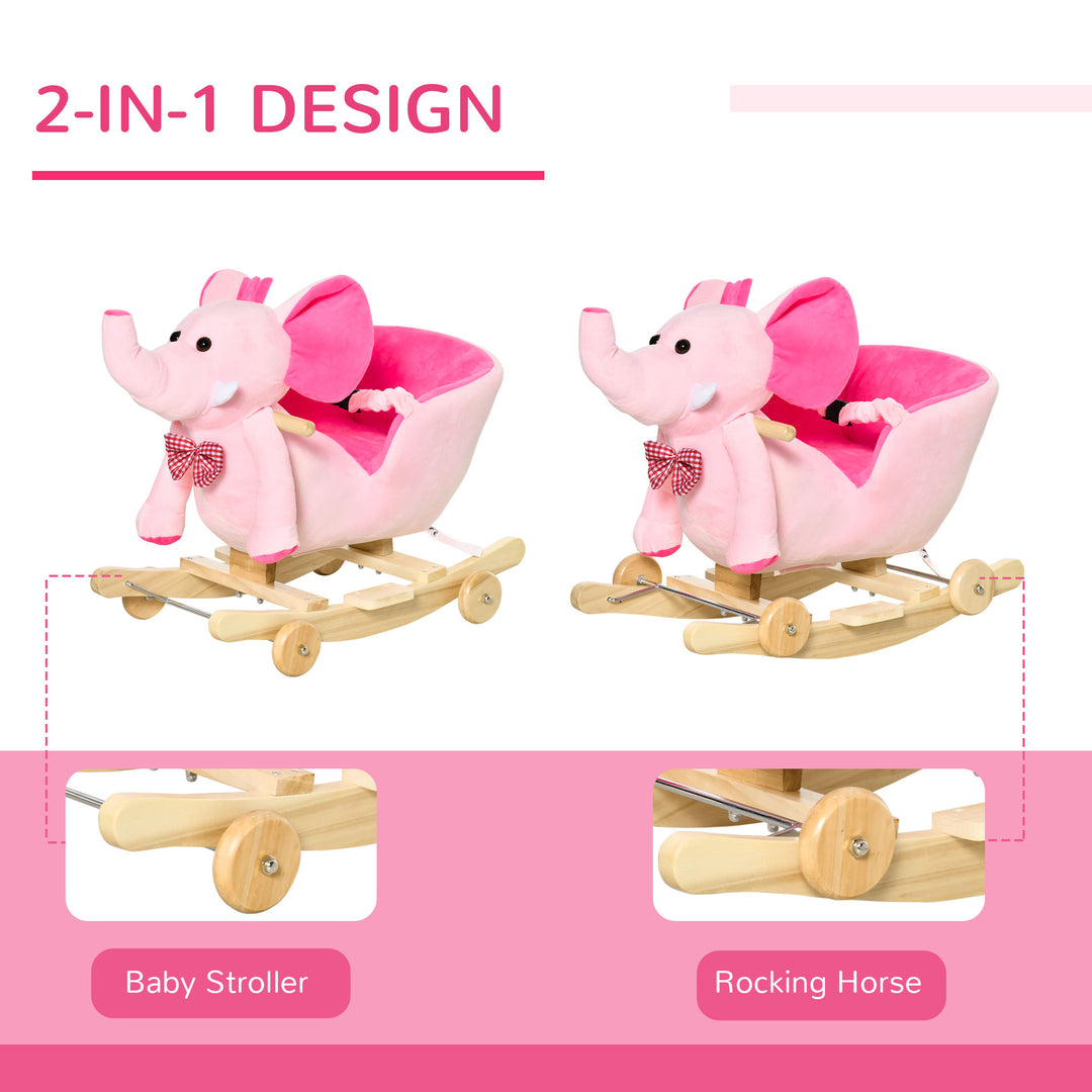 2 In 1 Plush Baby Ride on Rocking Horse Elephant Rocker with Wheels Wooden Toy for Kids 32 Songs (Pink)