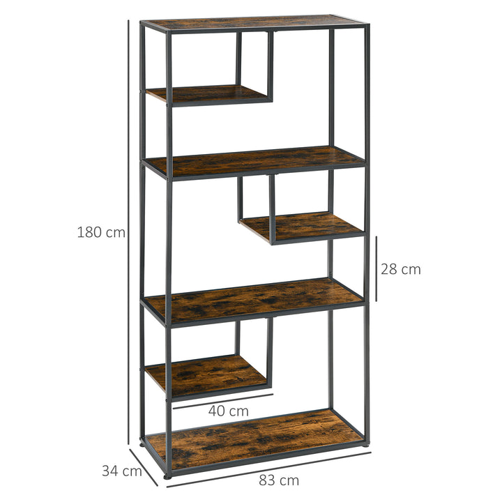 HOMCOM Industrial 7-Tier Metal Bookcase, Rustic Brown