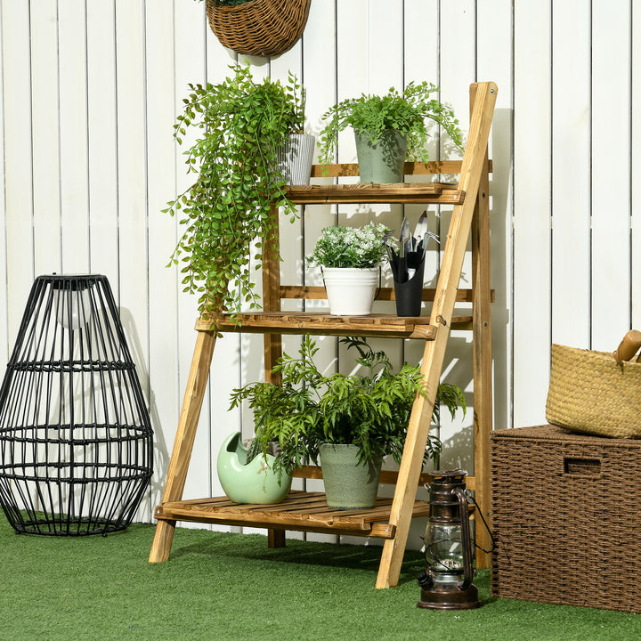 Wooden Folding Flower Pot Stand 3 Tier Garden Planter Display Ladder Gardener Storage Shelves Rack (60L x 37W x 93H (cm))