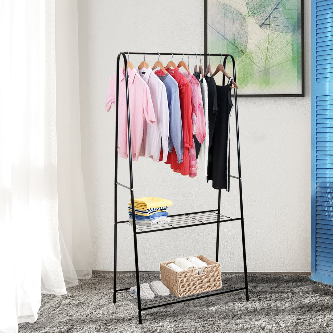 Metal Clothes Rack Coat Garment Hanger Hallway Organiser Hanging Rail Stand 2-tier Shoe Shelving A Shaped 77L x 45W x 153H cm Black