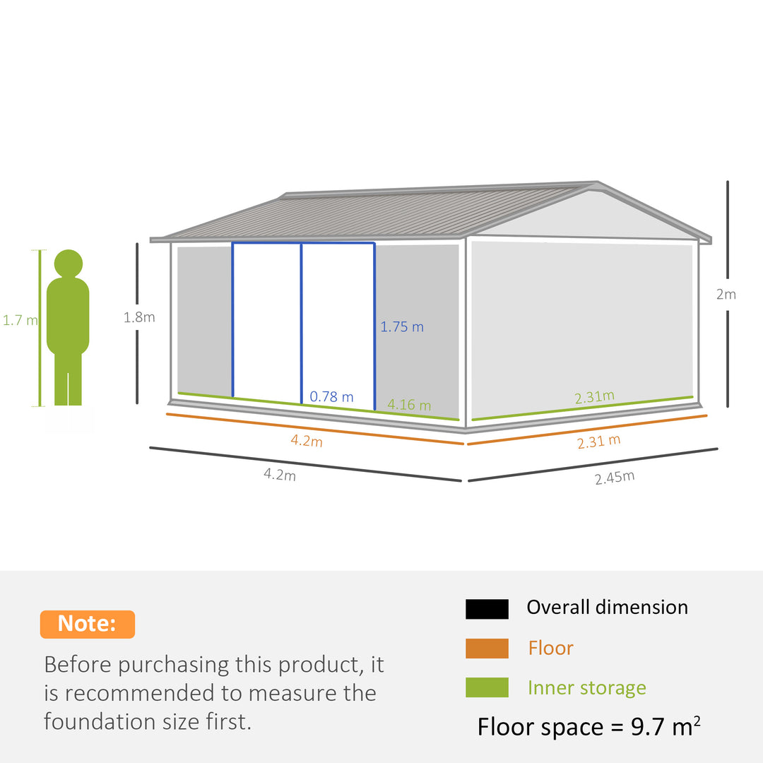 14 x 9 ft Lockable Garden Shed Large Patio Roofed Tool Metal Storage Building Foundation Sheds Box Outdoor Furniture