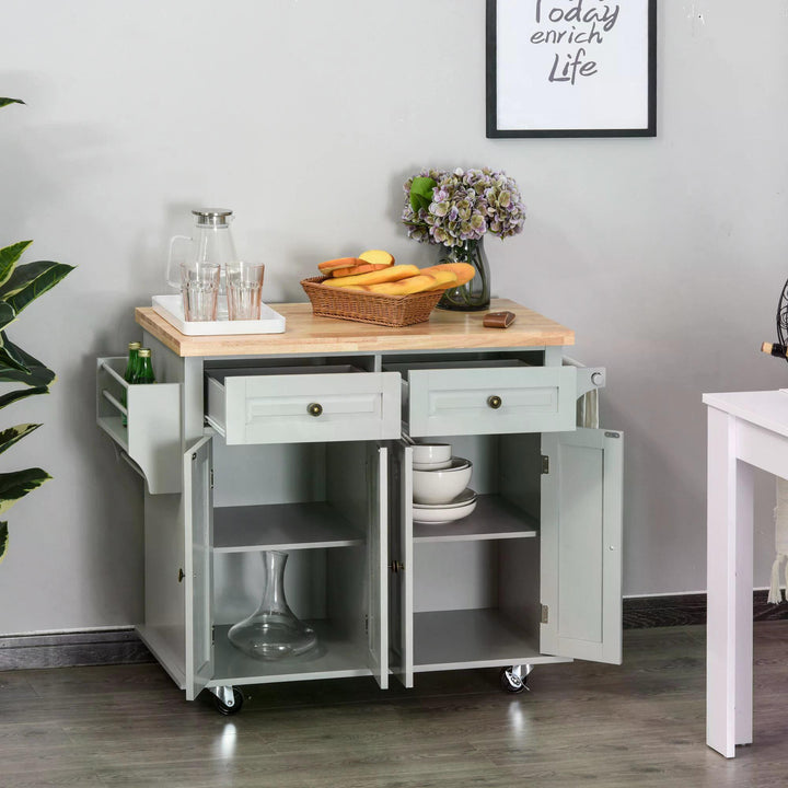 Rolling Kitchen Island Storage Trolley with Rubber Wood Top & Drawers for Dining Room