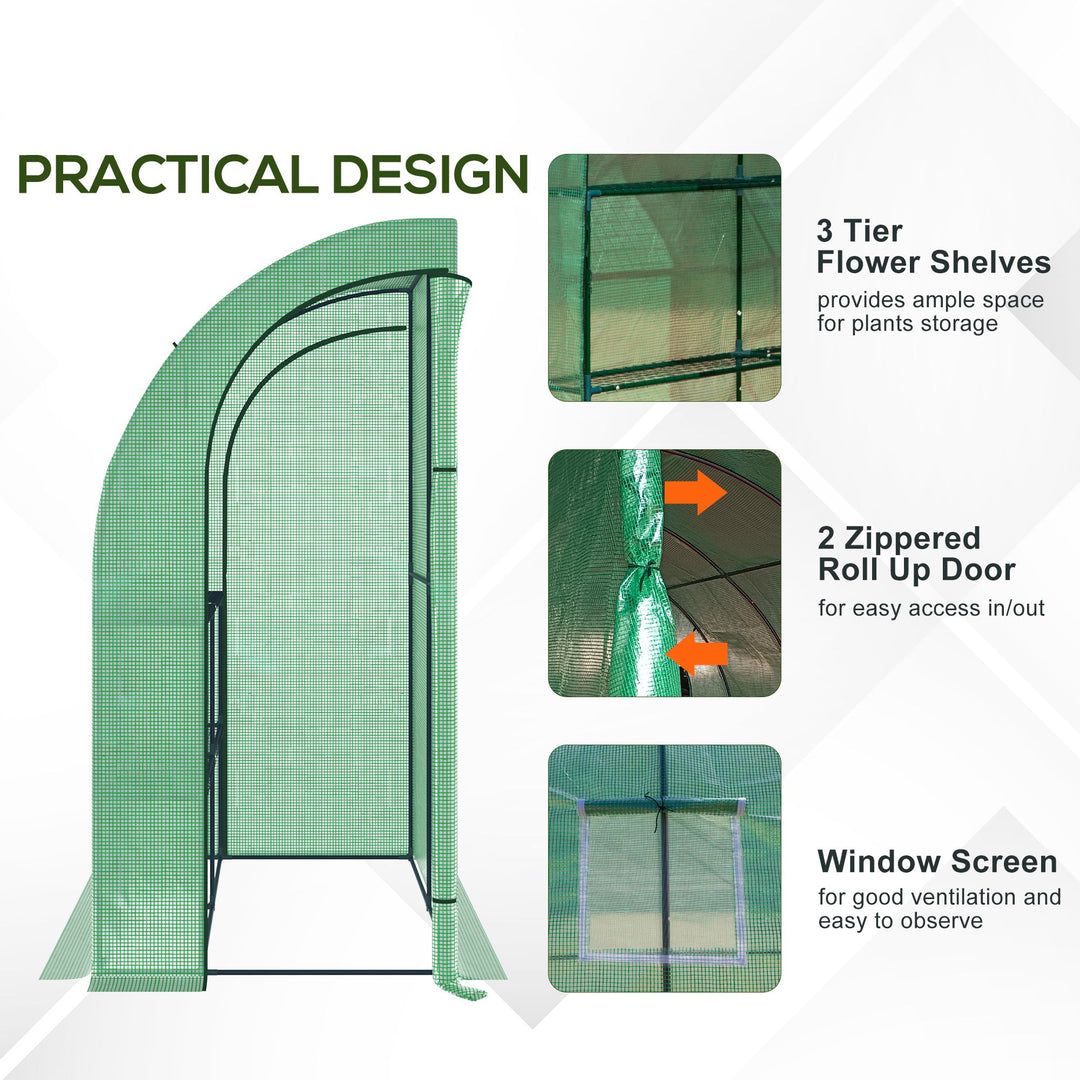 Lean to Greenhouses with Windows and Doors 2 Tiers 4 Wired Shelves 200L x 100W x 215Hcm Green