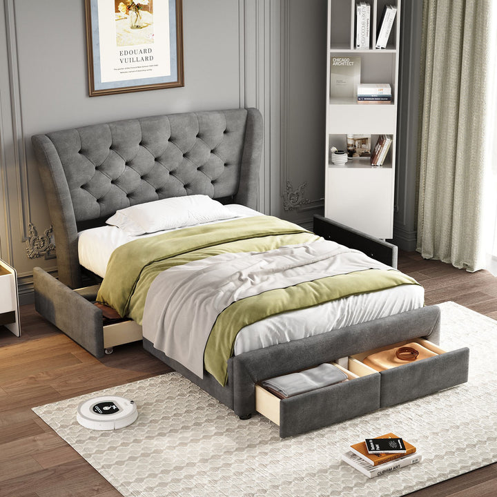 3FT Single Comfy Upholstered Storage Bed with 4 Drawers and Soft Backrest