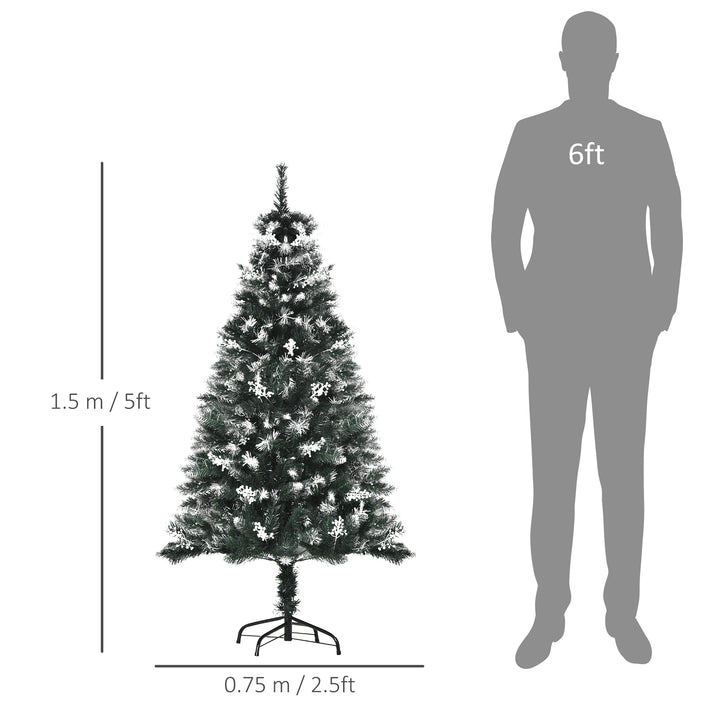 5FT Artificial Snow Dipped Christmas Tree Xmas Pencil Tree Holiday Home Decoration with Foldable Feet White Berries Dark Green