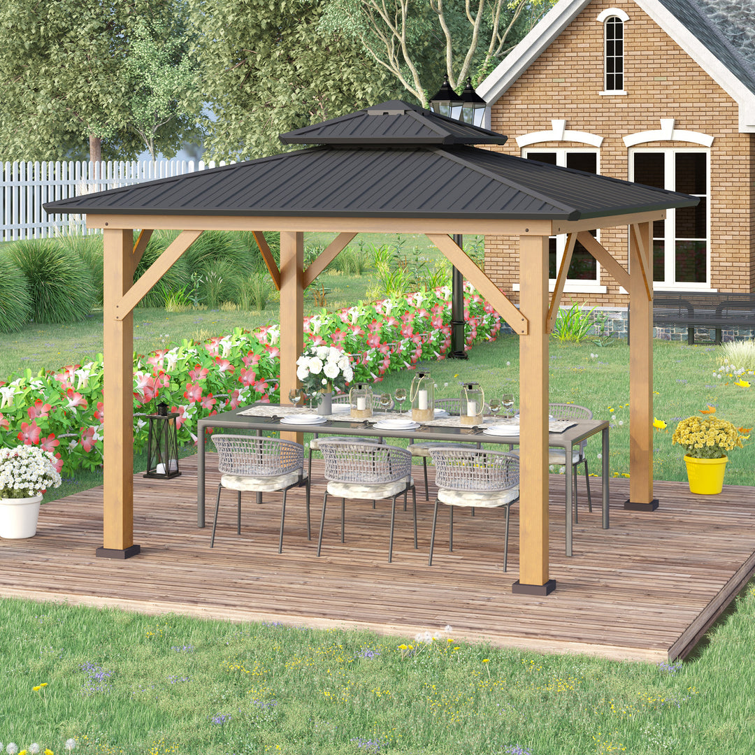 3.5 x 3.5m Outdoor Aluminium Hardtop Gazebo Canopy with 2-Tier Roof and Solid Wood Frame Outdoor Patio Shelter for Patio