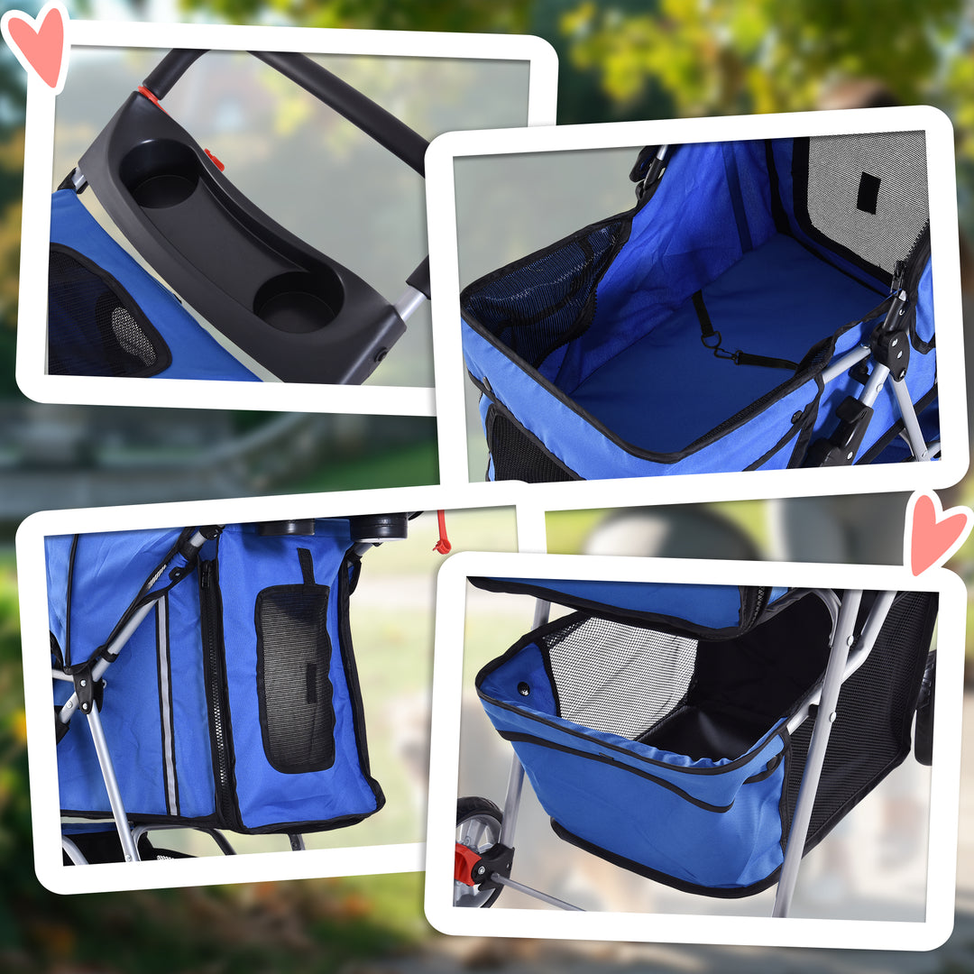 Dog Pushchair for Small Miniature Dogs Cats Foldable Travel Carriage with Wheels Zipper Entry Cup Holder Storage Basket Blue