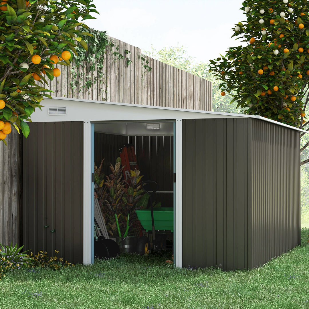 11 x 9 ft Metal Garden Storage Shed Sloped roof Tool House with Double Sliding Doors and 2 Air Vents