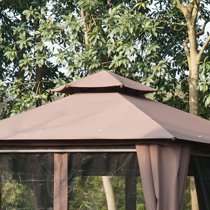 Waterproof Hexagon Gazebo Patio Canopy Party Tent Outdoor Garden Shelter w/ 2 Tier Roof & Side Panel - Brown