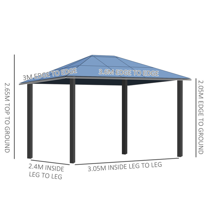 3.6 x 3(m) Polycarbonate Hardtop Gazebo with LED Solar Light and Aluminium Frame