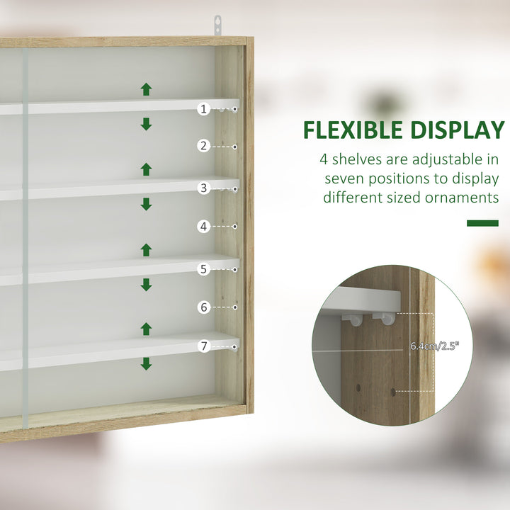 5-Tier Wall Display Shelf Unit Cabinet w/ 4 Adjustable Shelves Glass Doors Home Office Ornaments 60x80cm Natural