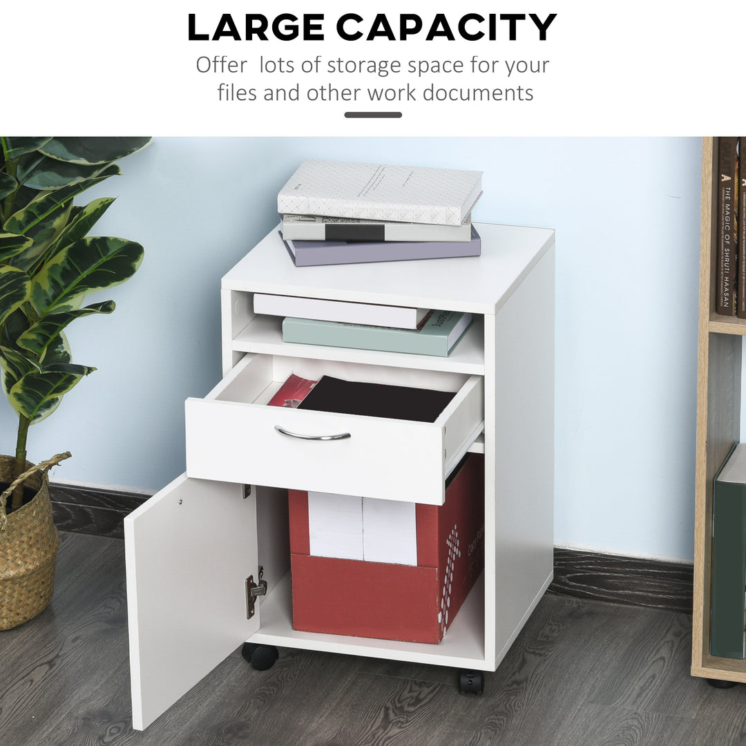 60cm Storage Cabinet w/ Drawer Open Shelf Metal Handles 4 Wheels Office Home Organiser Mobile Printer White