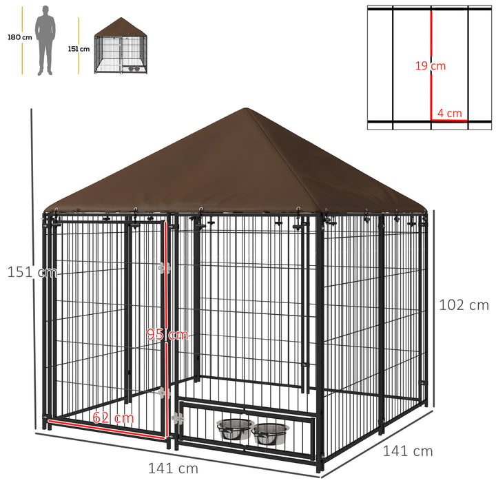 Outdoor Dog Kennel Puppy Play Pen with Canopy Garden Playpen Fence Crate Enclosure Cage Rotating Bowl 141 x 141 x 151 cm