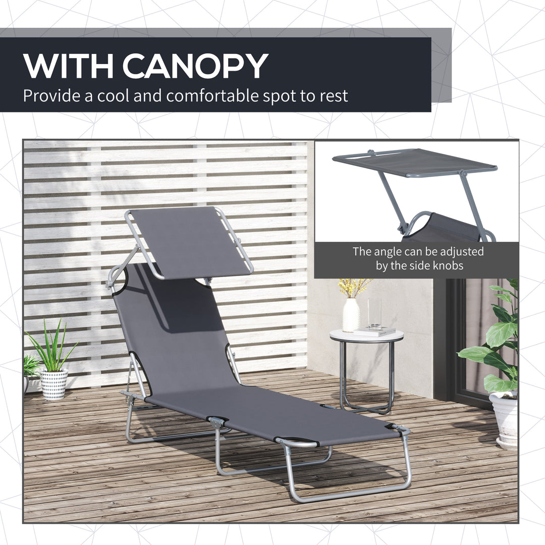 Reclining Chair Sun Lounger Folding Lounger Seat with Sun Shade Awning Beach Garden Outdoor Patio Recliner Adjustable (Grey)