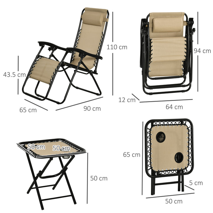 3pcs Folding Zero Gravity Chairs Sun Lounger Table Set w/ Cup Holders Reclining Garden Yard Pool