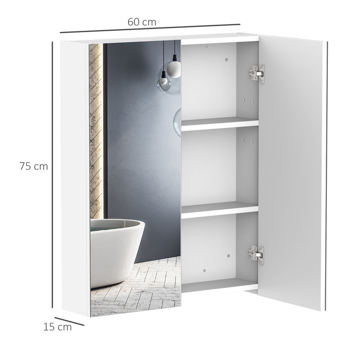 HOMCOM Wall Mounted Mirror Cabinet, Wooden Bathroom Storage with Adjustable Shelf, Double Door, 60Wx15Dx75H cm, White Aosom UK