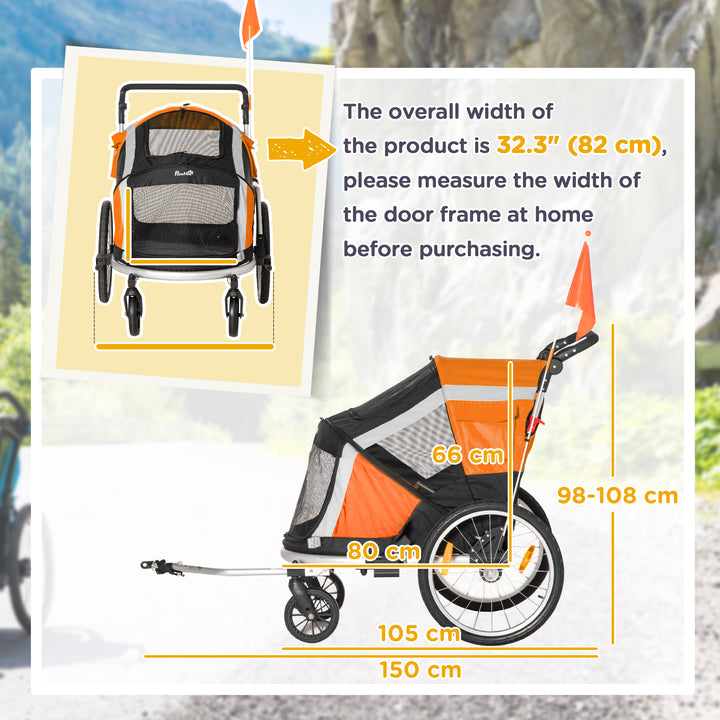 Dog Bike Trailer 2-in-1 Pet Stroller for Large Dogs Cart Foldable Bicycle Carrier Aluminium Frame with Safety Leash Flag Orange