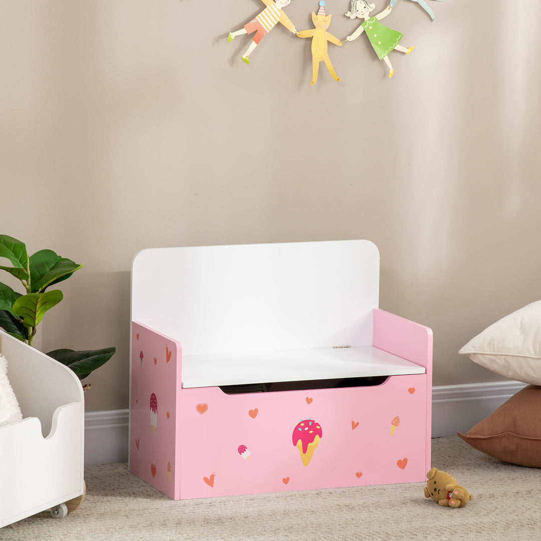 ZONEKIZ Dual-Purpose Toy Chest, Wooden Storage Bench with Safety Mechanism, Pretty in Pink