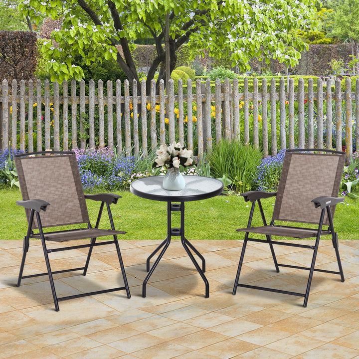 3 Piece Patio Furniture Garden Bistro Set Outdoor 2 Folding Chairs 1 Tempered Glass Table Adjustable Backrest Metal - Brown