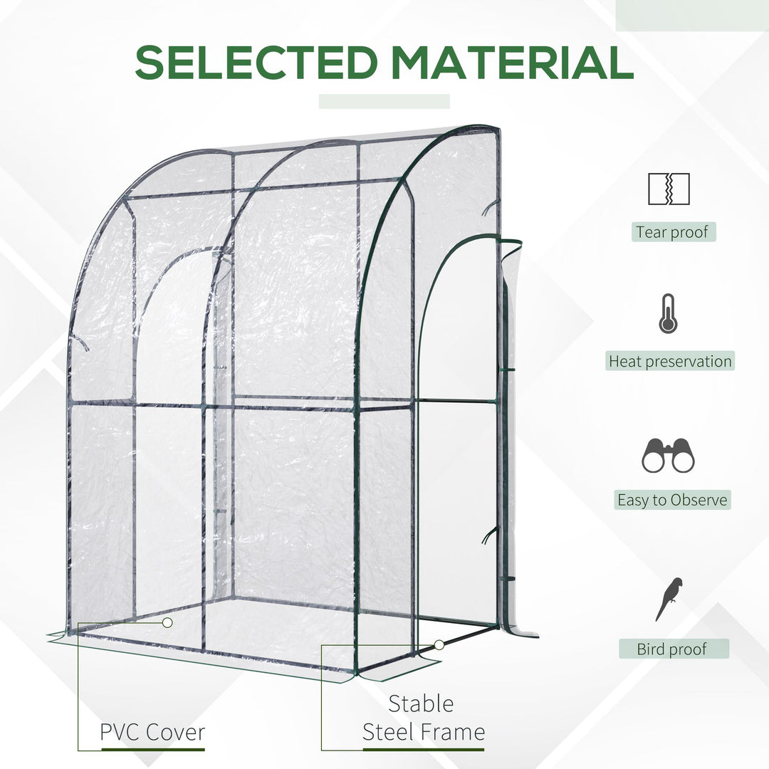 Walk-In Greenhouse Lean to Wall Tunnel Greenhouse with Zippered Roll Up Door PVC Cover Sloping Top